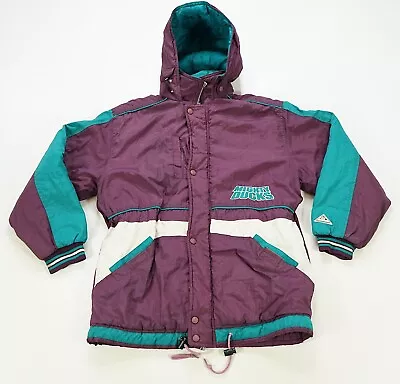 Rare VTG GENUINE STUFF Anaheim Mighty Ducks Color Block Puffer Jacket 90s YTH L • $39.99