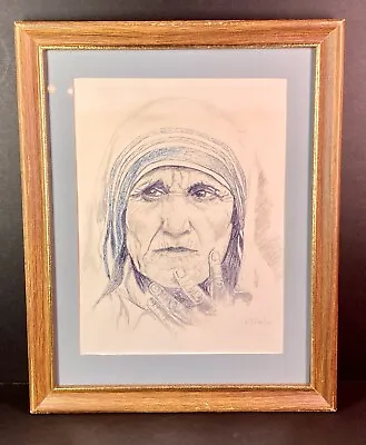 Mother Teresa Framed Art Drawing Joachim Signed Vintage Pencil Charcoal Portrait • $10