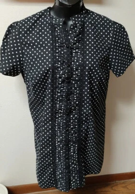 $15.25 • Buy Venezia Shirt Dress Black White Polka Dot Short Sleeve Button Lace Rouche Sz M