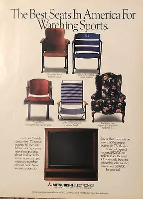 PRINT AD 1989 Mitsubishi Electronics Television TV Best Seats Watching Sports • $7.77