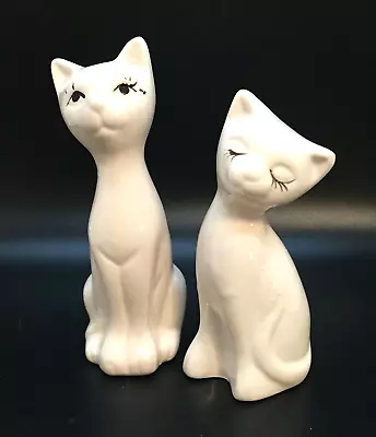 2 Mid Century Kitty CAT Figurines 5  And 4.5  Tall Off White Vintage Ceramic Set • $13.95