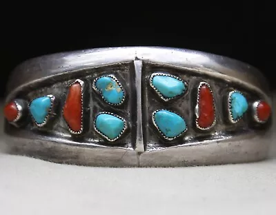 Vintage Native American Navajo Sterling Silver Turquoise Coral Cuff Bracelet • $292.50