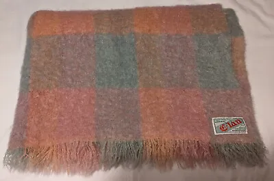 CLAN Worsted Mohair Throw 44  X 64  Muted Pink Green Wool Superweave Checked • $29