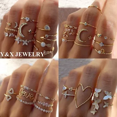 Boho Rings Set Crystal Butterfly Pearl Gold Rings For Women Retro Jewelry Set • $3.14