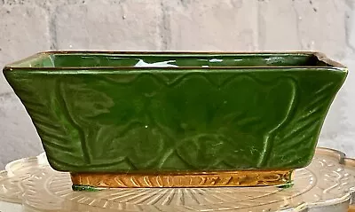Vintage USA Pottery Hunter Green Glazed Rectangular Planter # 040 With Gold Trim • $18.99