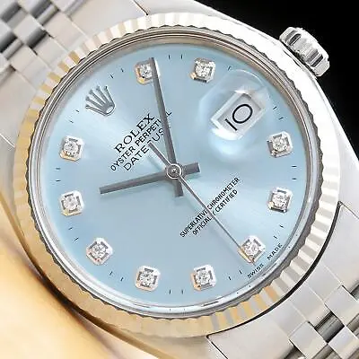 Mens Rolex Datejust Ice Blue Diamond 18k White Gold & Stainless Steel Watch • $8741.47