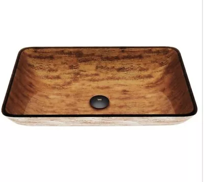 VIGO Vessel Bathroom Sink 22 X15 X5  Rectangular Tempered Glass Wooden Brown • $119