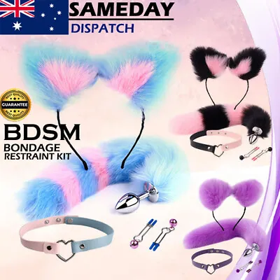 BDSM Fox Tail Anal Plug Headband Collar Nipple Clips Bondage Kit Cosplay Sex Toy • $29.95