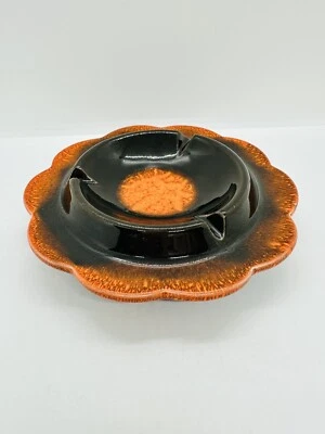 $9 • Buy Vintage MCM Round California Pottery Ashtray Orange Drip Glaze 7in