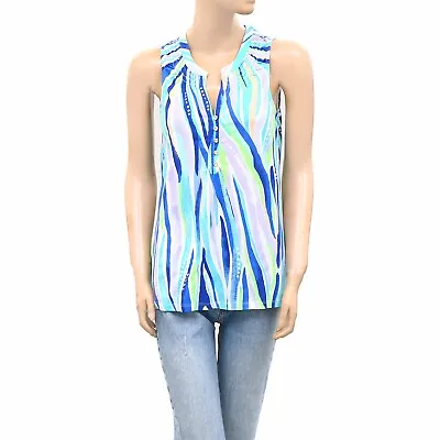 Lilly Pulitzer Essie Tank Top Shore Perfection Printed Smocked Cotton S 254397 • $12.93