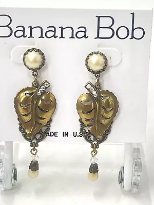 VTG Banana Bob Earrings Dangle Drop Pierced Bronze Toned Austrian Crystals 2.5” • $48.50