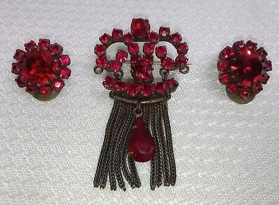 Made In Austria Vintage Red Rhinestone Brooch & Earrings • $29.95