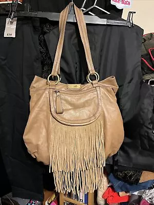 £12 • Buy Women’s Brown Real Leather Shoulder Bag, Fringe Trim, Medium, Butterfly Brand