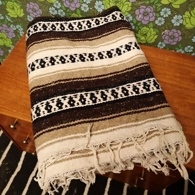 £24.99 • Buy Large Mexican Brown Beige Woven Stripy Falsa Yoga Blanket / Throw