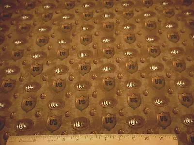 Western Fabric By Yard SALE Vntg Brass Buttons & US Badges Mottled Brown Cotton • $7.99