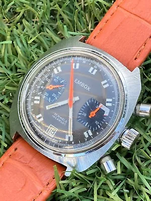 Vintage Men's Embox Sunburst Orange Grey Chronograph Valjoux 7734 Manual Watch • $547.06