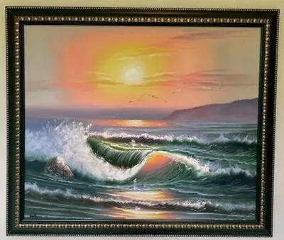 Waves On Rocks Beach Ocean Sea Oil Painting Signed 57cm X 67cm • $165