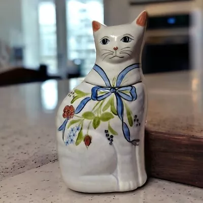 Vintage Cat Cookie Jar N.S. Gustin Ceramic Pottery Large USA Blue Ribbon Flowers • $11