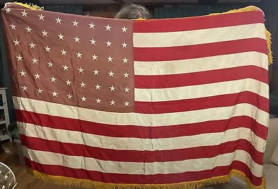 Vintage 40” X 60” Est American USA Flag 48 Star States Gold Fringe Military VG • $49.99