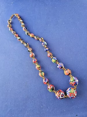 19 Inch  Millefiori Murano Glass Bead Necklace Barrel Clasp Gold Tone Excellent • $49.99