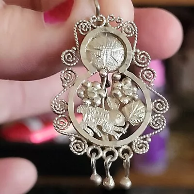 Mexican Filigree Sterling Silver Rabbit & Flowers Earrings • $120