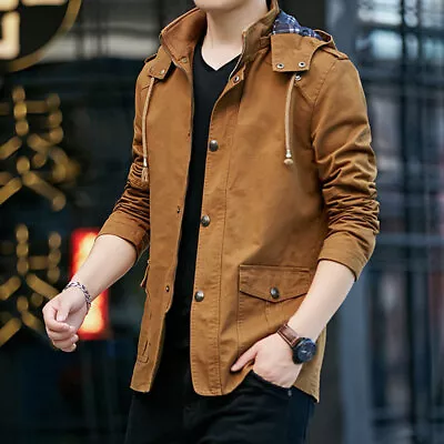 Jacket Men's Spring/Autumn Casual Cotton Cargo Jacket Stand Collar Hooded Coat • $69.11