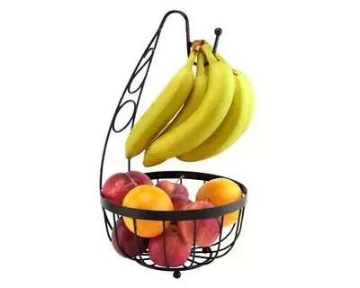 Black Metal Fruit Basket Bowl Holder With Banana Hanger Hook Tree Fruit Stand • £10.90