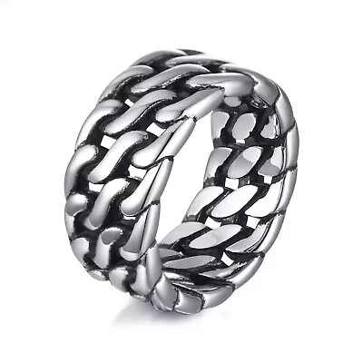 Mens 10MM Miami Cuban Link Ring Stainless Steel Biker Men Band Size 7-13 • $10.99