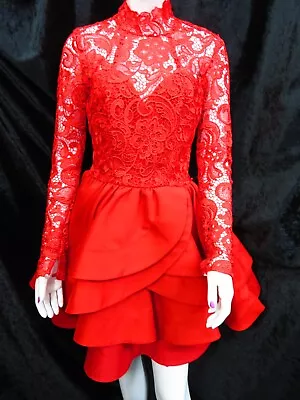 Lou Womens Fashion Red Lace Upper L/sleeve Occasional Cocktail Party Dress Small • £31