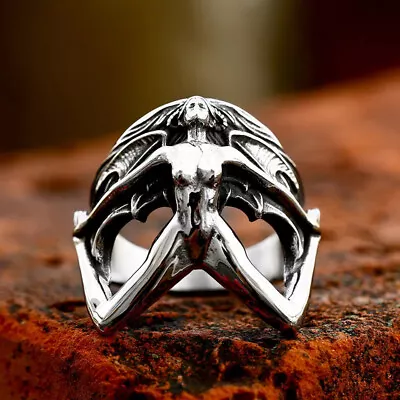 Men's Women's Gothic Wing Demon Skull Ring Stainless Steel Naked Devil Punk Ring • $9.99