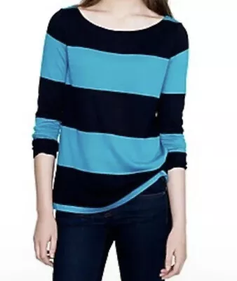 J Crew Top Small Navy Blue Teal Stripe Boat Neck Luxe Linen Rugby Shirt Womens • £21.60