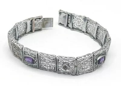 Vintage Art Deco Silver Tone Rhodium Filigree Purple Glass Rhinestone Bracelet • $63.98