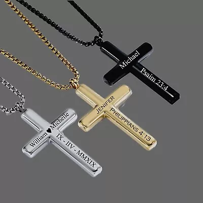 Personalized CROSS NECKLACE Men Custom Engraved Cross Personalized Jewelry Cross • $34.99