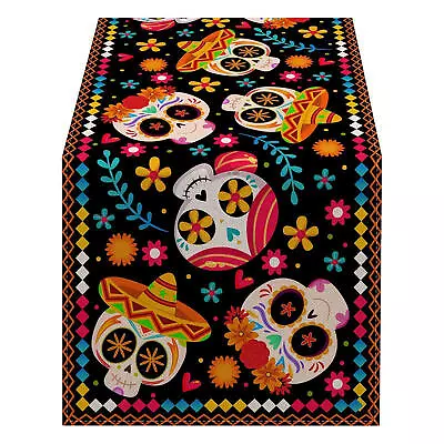 Mexican Day Of The Dead Linen Tablecloth Halloween Floral Skull Cloth Runner • $11.11