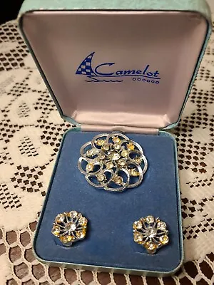 Camelot Silvertone Rhinestone Brooch & Clip Earrings Vintage 60s Original Box • $15