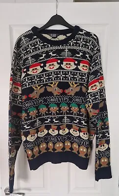 Mens Fluid Christmas Jumper Size Large Xmas Sweater Santa Reindeer Elves Snowmen • £12.49