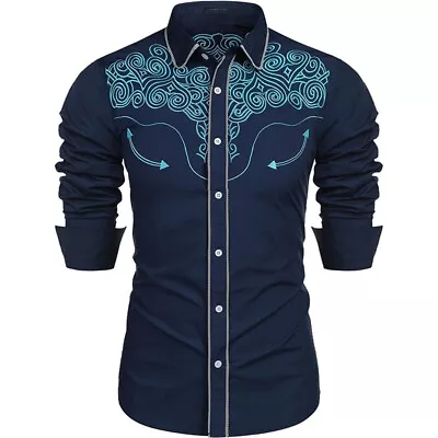 Mens Casual Buttons Down Western Cowboy Shirt Long Sleeve Retro Printed Shirts • £20.82