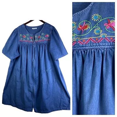 Go Softly Patio House Dress Mumu Sz 2X XXL 18 20 Jean Denim Floral Embroidered • $49.49