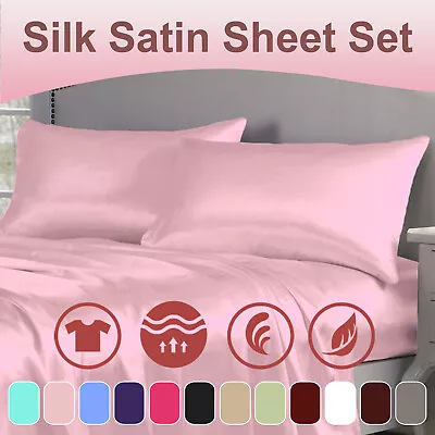 2000TC Silk Satin Single/Double/Queen/King Flat Fitted Pillowcase Bed Sheet Set • $9.99