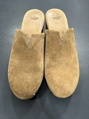 UGG Sheepskin Suede Wood Heel Mule Slip On Clog Shoe Size 10 • $49