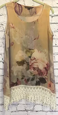 MUSHKA BY SIENNA ROSE Women's Tunic Medium Sheer Sleeveless Lace Trim Floral EUC • $14.99