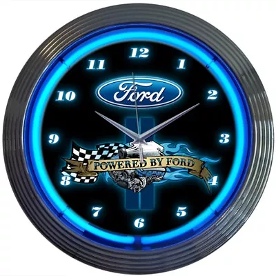 Neon Clock Powered By Ford Wall Lamp Light Sign Blue Oval OLP Trucks Mustang GT • $69.99