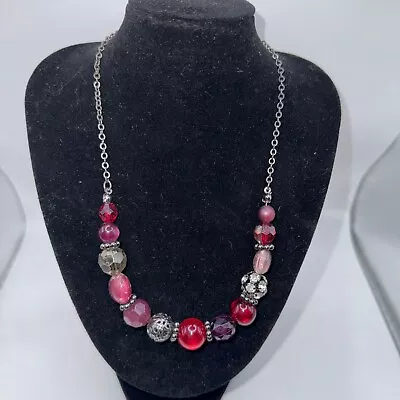 Marks And Spencer Pink And Silver Round Faceted And Diamanté Cluster Necklace • £5.50