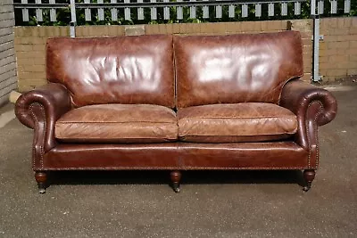 Stunning Timothy Oulton Halo Balmoral Heritage Brown Leather 3 Seater Sofa Del🚚 • £999