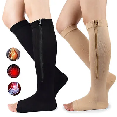 Zip Medical Relief High Knee Compression Socks Flight Stockings Support Open Toe • £6.89