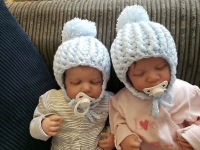 Newborn Baby Boys Hand Knitted Crochet Hats Twins Set Of  2 Blue • £18