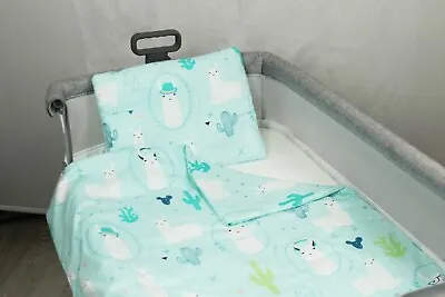 2pc BEDDING SET For Bedside Crib QUILT PILLOW Filled  Crib Alpacas Aqua Green • £16.89