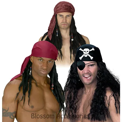 W227 Pirate Bandana Scarf With Wig Jack Sparrow Caribbean Dreads Hair Beads • $19.35