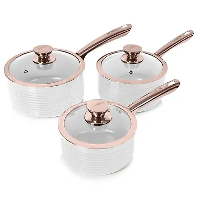 Tower T800001RW Linear Ceramic 3 Piece Saucepan Set In White And Rose Gold - New • £54.99