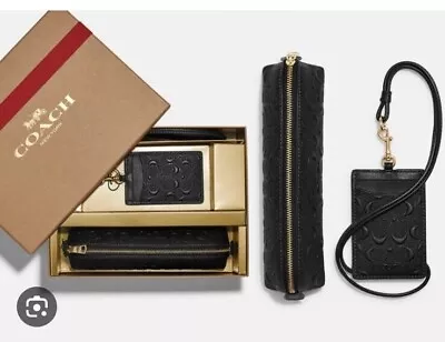 Coach Pencil Case And Id Lanyard Black Signature Leather *2 Piece Set* Boxed NWT • $170.33